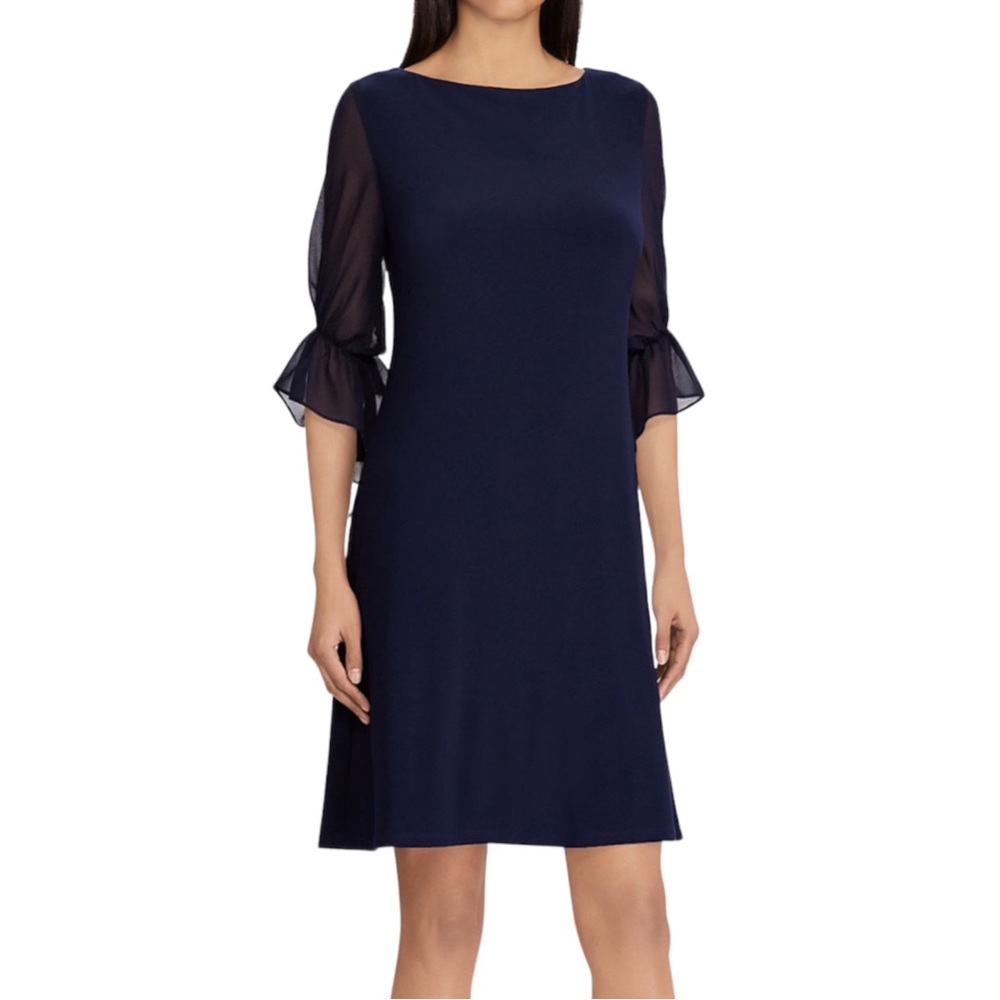 Lauren Ralph Lauren Lighthouse Navy Puff Sleeve A-Line Dress Size 2P